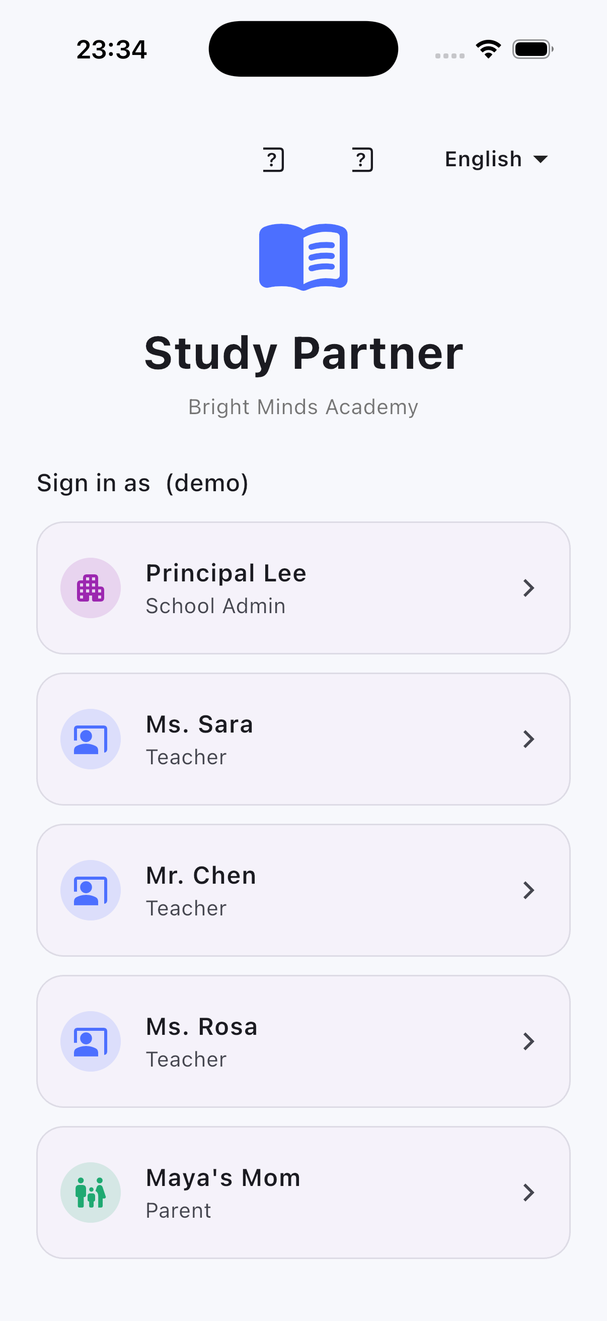 Study Partner sign-in showing principal, teacher and parent roles